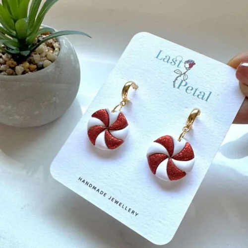 Christmas Peppermint Dangles On A Gold Coloured Huggie Hoop
