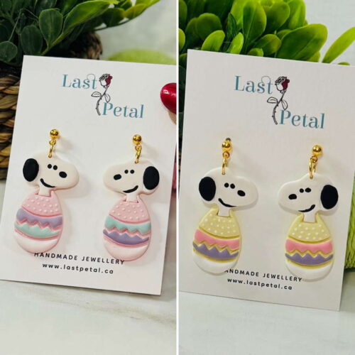 Snoopy Easter dangles, pink and yellow